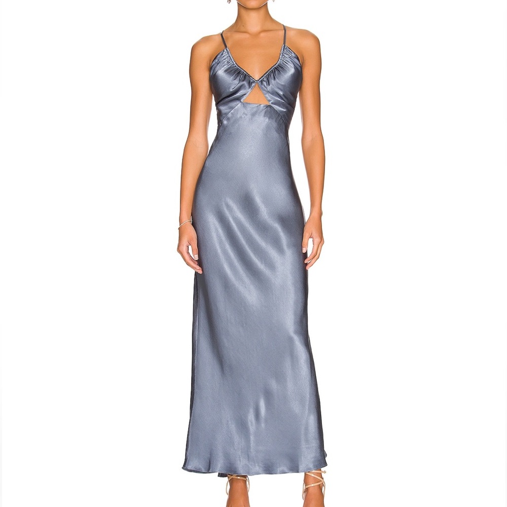 Shona Joy La Lune Ruched Bodice Midi Dress in Blue Smoke Size 6
